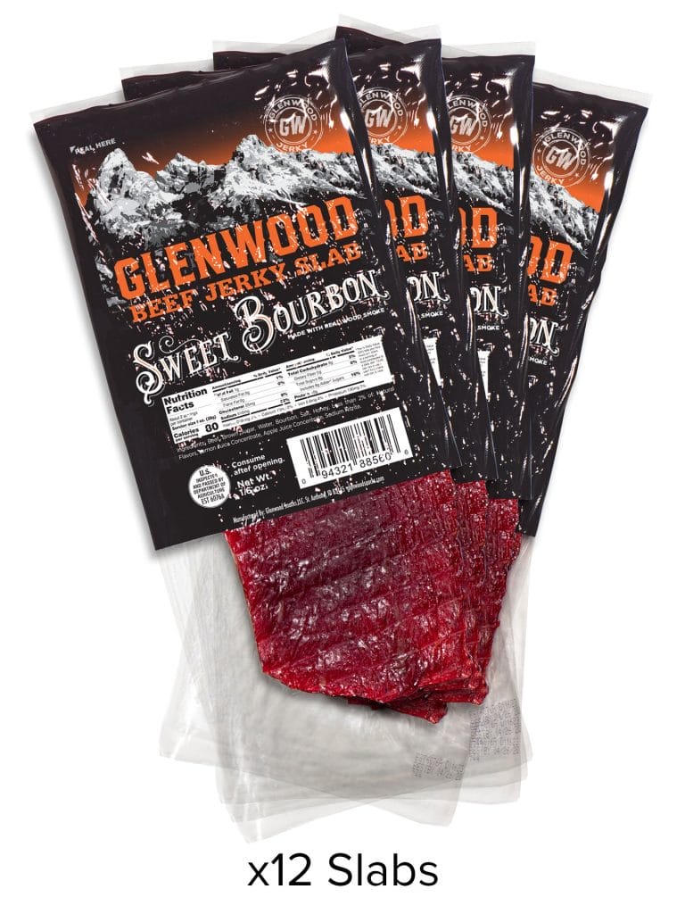 Glenwood Sweet Bourbon Beef Jerky Slab 12-pack with mountain label and visible red jerky slices.