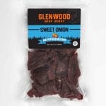 Glenwood Sweet Onion beef jerky bag, made with Walla Walla onions, 9 oz resealable pouch.