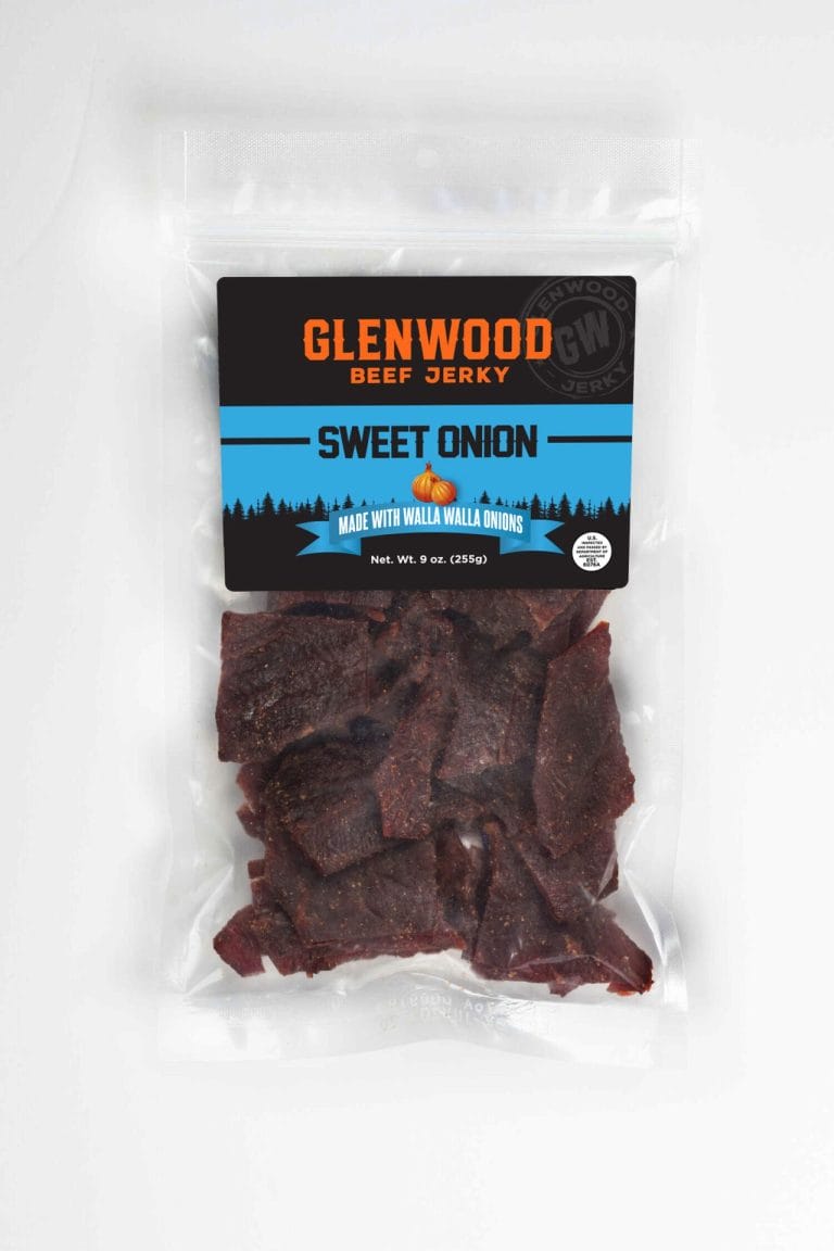 Glenwood Sweet Onion beef jerky bag, made with Walla Walla onions, 9 oz resealable pouch.
