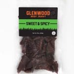 Glenwood Sweet & Spicy beef jerky, 10 oz resealable bag with visible jerky pieces.