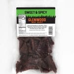 Glenwood Sweet & Spicy beef jerky back of bag with nutrition facts and ingredients panel.
