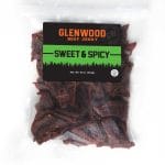 Glenwood Sweet & Spicy beef jerky, 16 oz resealable bag with visible jerky pieces.