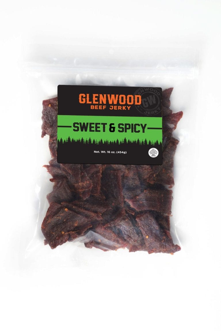 Glenwood Sweet & Spicy beef jerky, 16 oz resealable bag with visible jerky pieces.
