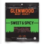 Glenwood Sweet & Spicy beef jerky, 2.5 oz pouch with front window and hang-hole packaging.