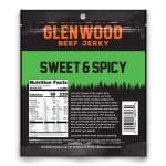 Glenwood Sweet & Spicy beef jerky pouch back showing nutrition facts, ingredients, and barcode.