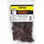 Glenwood Teriyaki Beef Jerky in a clear resealable bag with front nutrition label.