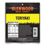 Back of Glenwood Beef Jerky Teriyaki bag showing nutrition facts, ingredients, and barcode.