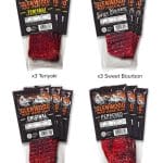 Glenwood beef jerky slab variety pack - three each: Teriyaki, Sweet Bourbon, Original, and Peppered.