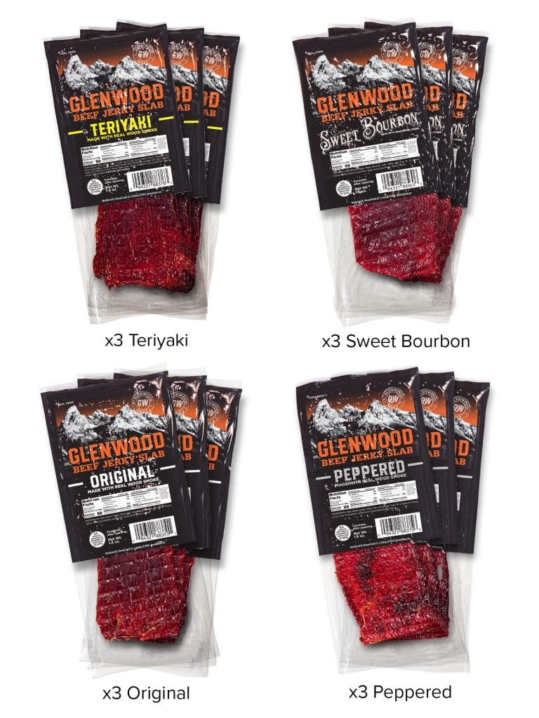 Glenwood beef jerky slab variety pack - three each: Teriyaki, Sweet Bourbon, Original, and Peppered.