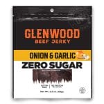 Front view of Glenwood Onion & Garlic Zero Sugar beef jerky 2.2oz package with bold black and yellow label.