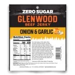 Back view of Glenwood Onion & Garlic Zero Sugar beef jerky package showing nutrition facts and ingredients.