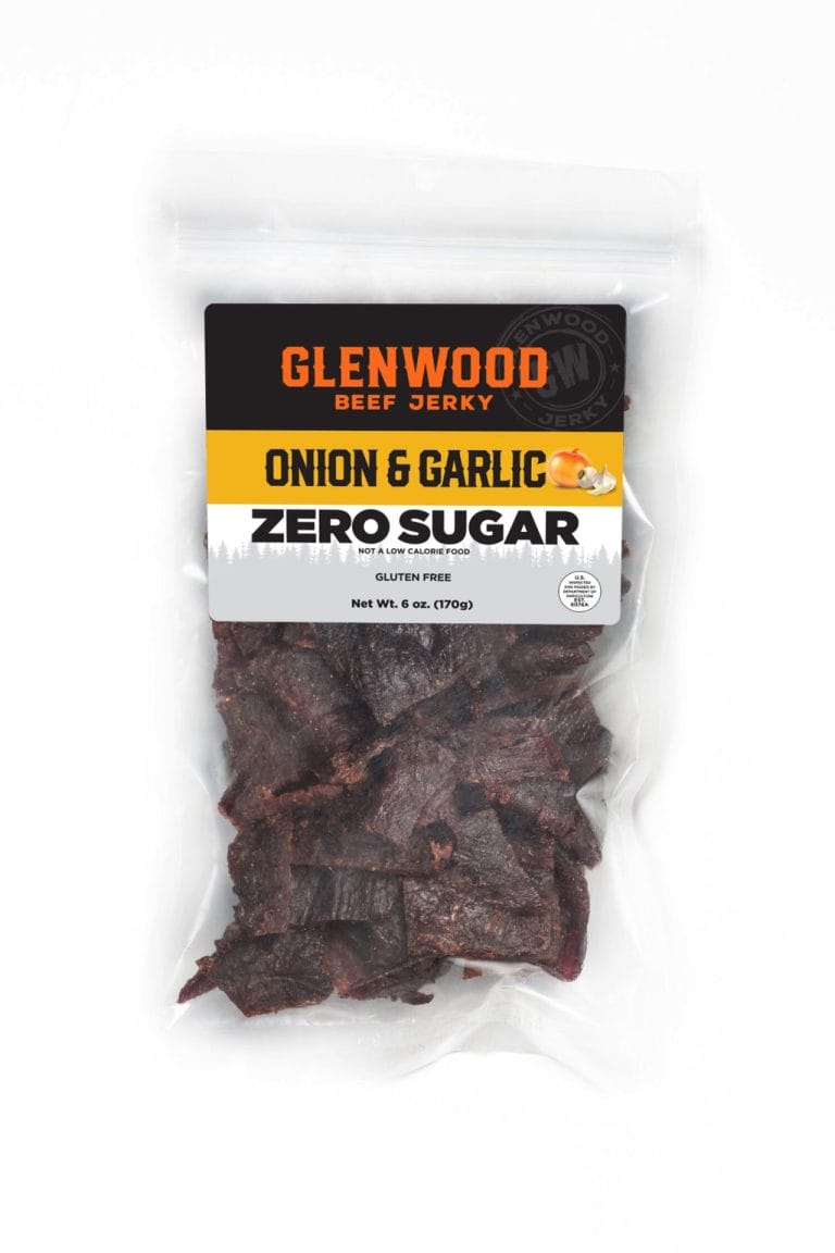 Glenwood Onion & Garlic Zero Sugar beef jerky 6oz package with dark jerky pieces in clear sealed bag.