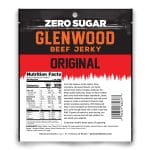 Back of Glenwood Zero Sugar Original beef jerky bag with nutrition facts and barcode.
